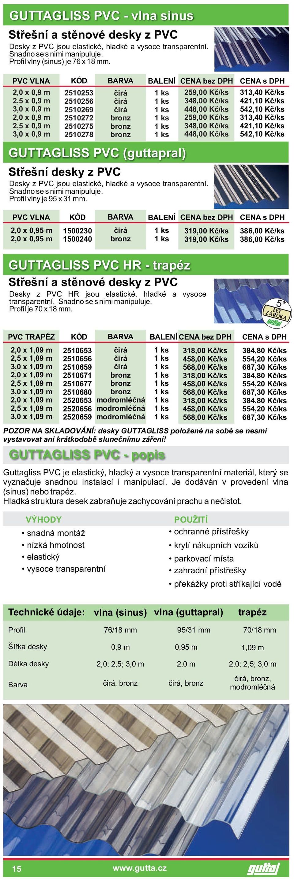 Kè/ks 348,00 Kè/ks 448,00 Kè/ks Desky z PVC jsou elastické, hladké a vysoce transparentní. Snadno se s nimi manipuluje. Profil vlny je 95 x 31 mm.