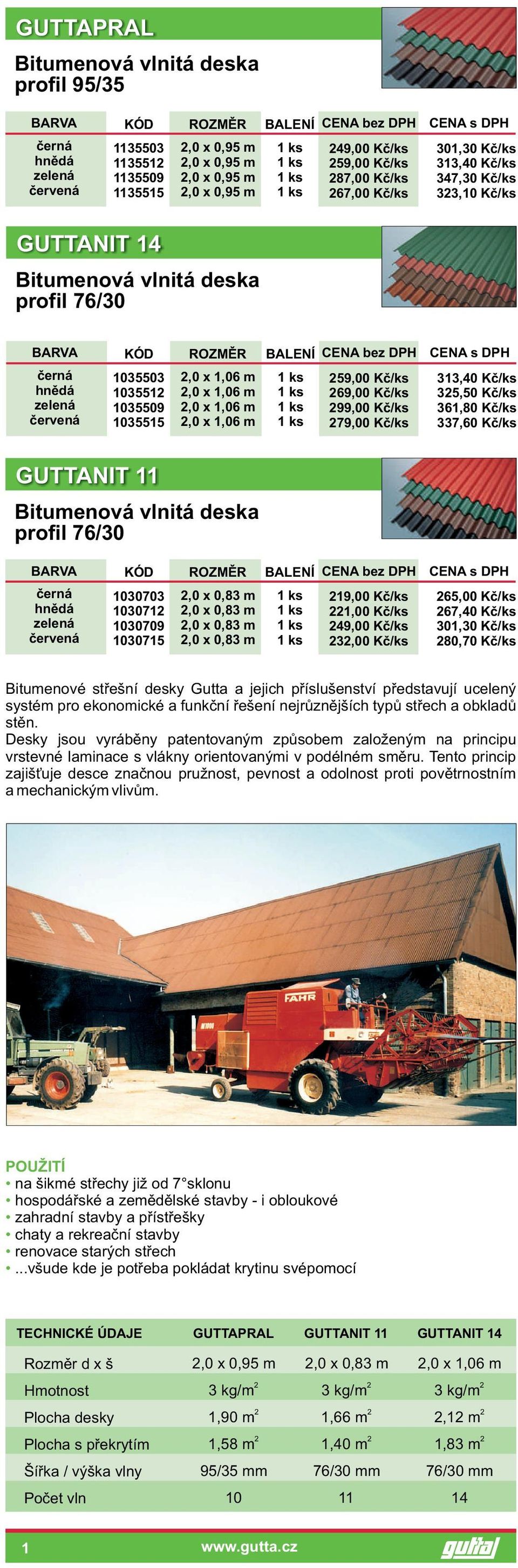 Kè/ks 99,00 Kè/ks 79,00 Kè/ks 313,40 Kè/ks 35,50 Kè/ks 361,80 Kè/ks 337,60 Kè/ks GUTTANIT 11 Bitumenová vlnitá deska profil 76/30 zelená èervená 1030703 103071 1030709 1030715,0 x 0,83 m,0 x 0,83 m,0