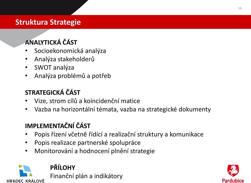 vazba na strategické dokumenty IMPLEMENTAČNÍ ČÁST Popis řízení včetně řídící a realizační struktury a