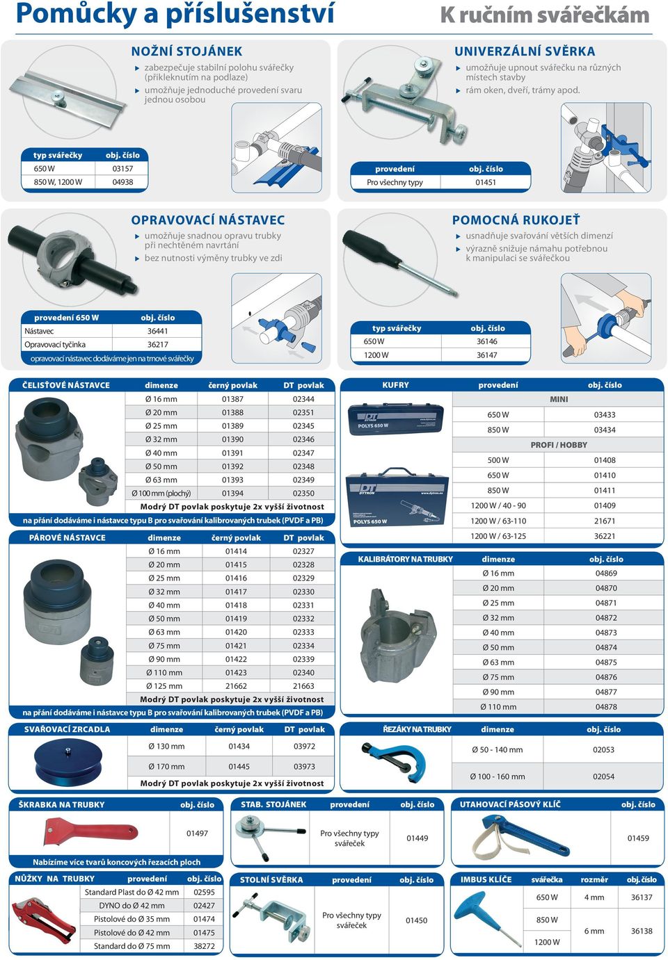 typ svářečky 650 W 03157 850 W, 1200 W 04938 provedení Pro všechny typy 01451 OPRAVOVACÍ NÁSTAVEC umožňuje snadnou opravu trubky při nechtěném navrtání bez nutnosti výměny trubky ve zdi POMOCNÁ