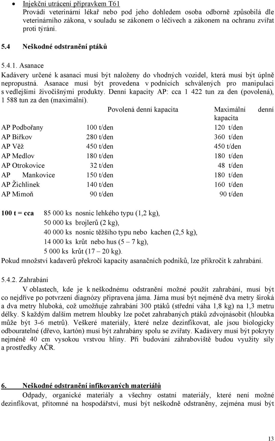 Asanace musí být provedena v podnicích schválených pro manipulaci s vedlejšími živočišnými produkty. Denní kapacity AP: cca 1 422 tun za den (povolená), 1 588 tun za den (maximální).