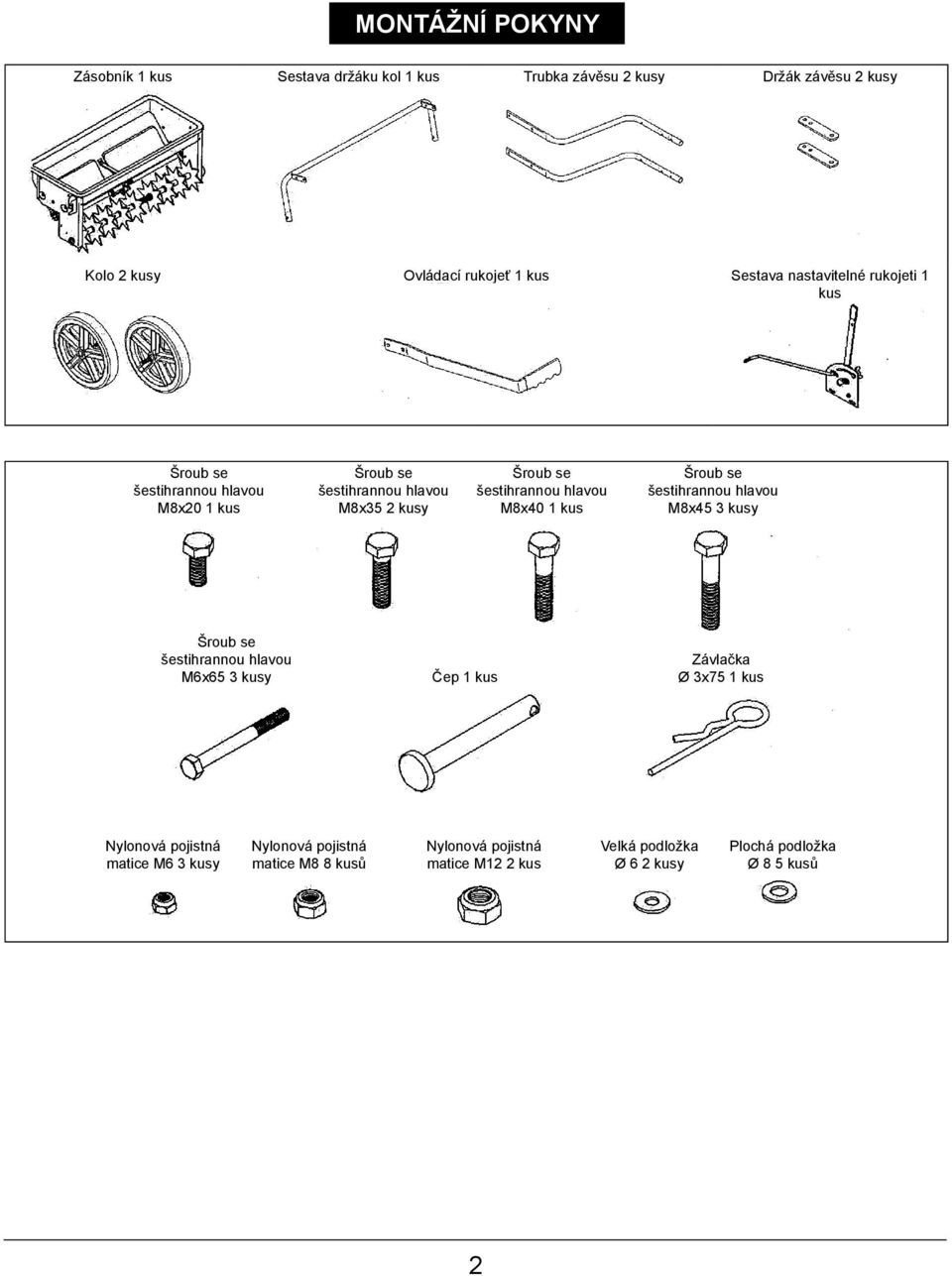 M8x35 2 kusy M8x40 1 kus M8x45 3 kusy M6x65 3 kusy Čep 1 kus Závlačka Ø 3x75 1 kus matice