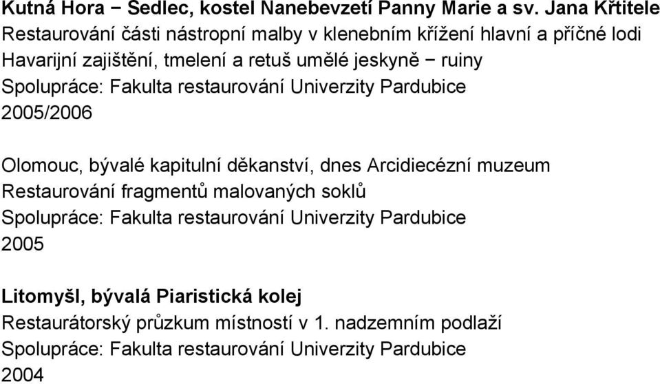 zajištění, tmelení a retuš umělé jeskyně ruiny 2005/2006 Olomouc, bývalé kapitulní děkanství, dnes