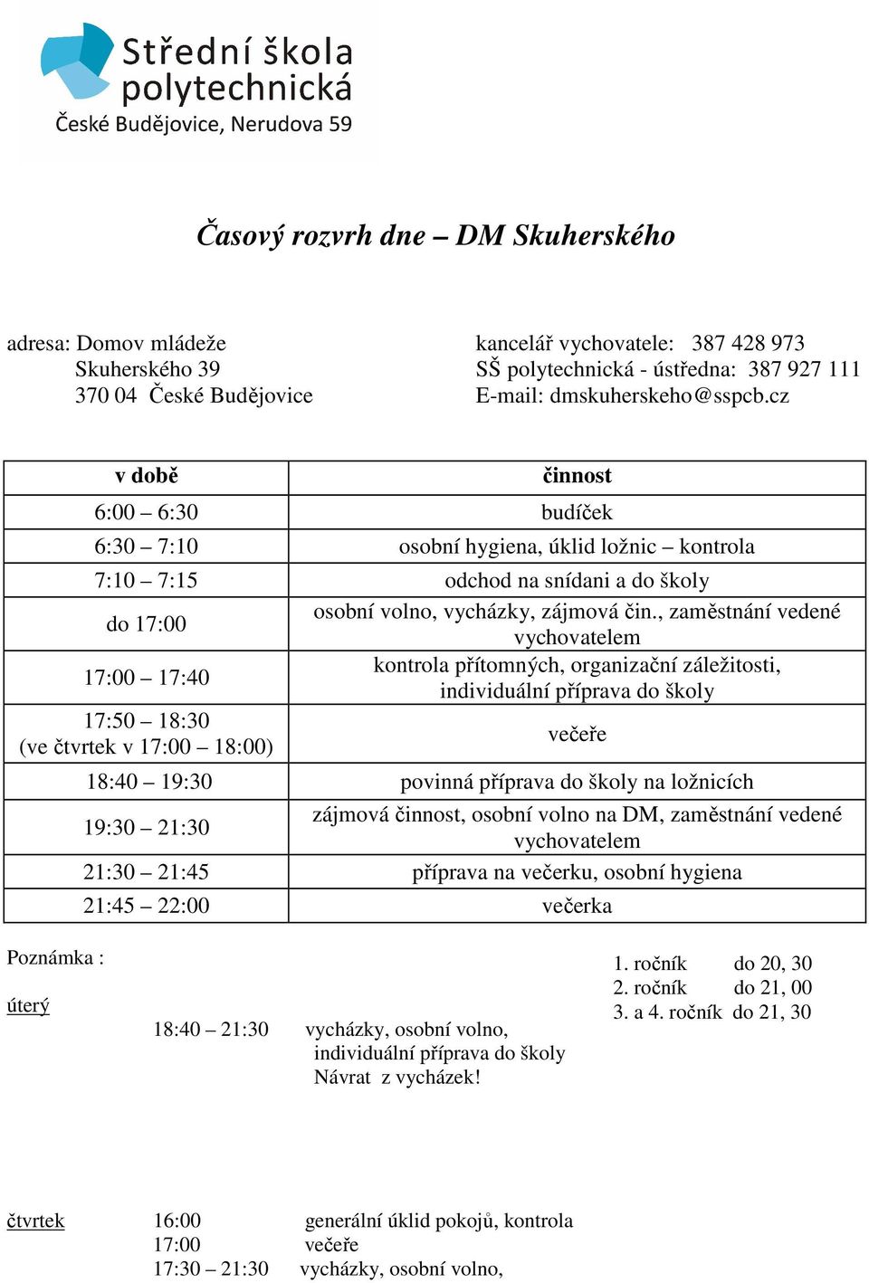 , zaměstnání vedené vychovatelem 17:00 17:40 kontrola přítomných, organizační záležitosti, individuální příprava do školy 17:50 18:30 (ve čtvrtek v 17:00 18:00) večeře 18:40 19:30 povinná příprava do