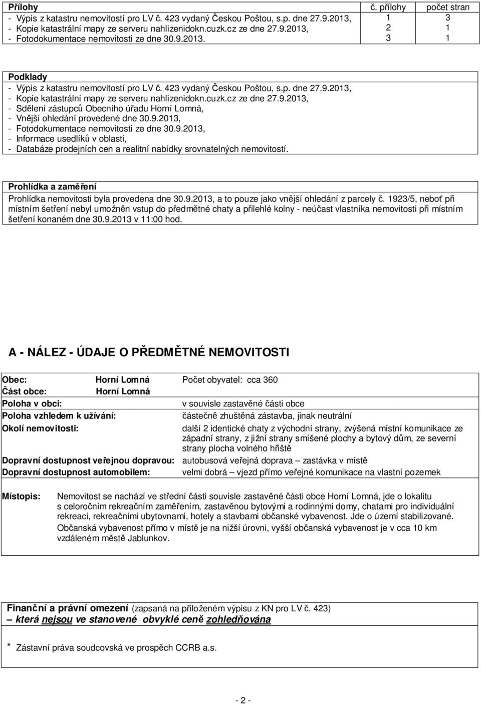 9.2013, - Fotodokumentace nemovitosti ze dne 30.9.2013, - Informace usedlíků v oblasti, - Databáze prodejních cen a realitní nabídky srovnatelných nemovitostí.