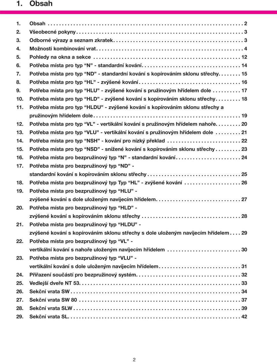 Potřeba místa pro typ N - standardní kování................................... 1 7. Potřeba místa pro typ ND - standardní kování s kopírováním sklonu střechy........ 1 8.