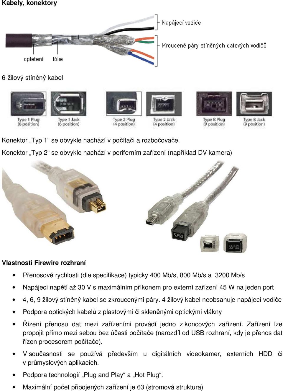 až 30 V s maximálním příkonem pro externí zařízení 45 W na jeden port 4, 6, 9 žilový stíněný kabel se zkroucenými páry.