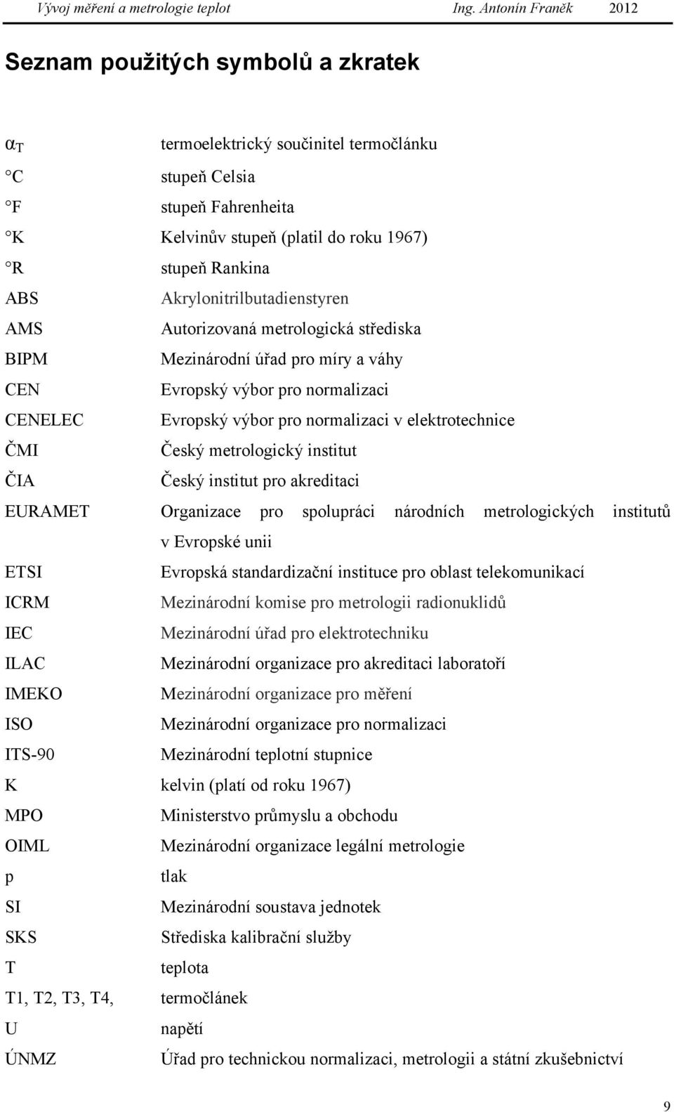 ČMI Český metrologický institut ČIA Český institut pro akreditaci EURAMET Organizace pro spolupráci národních metrologických institutů v Evropské unii ETSI Evropská standardizační instituce pro
