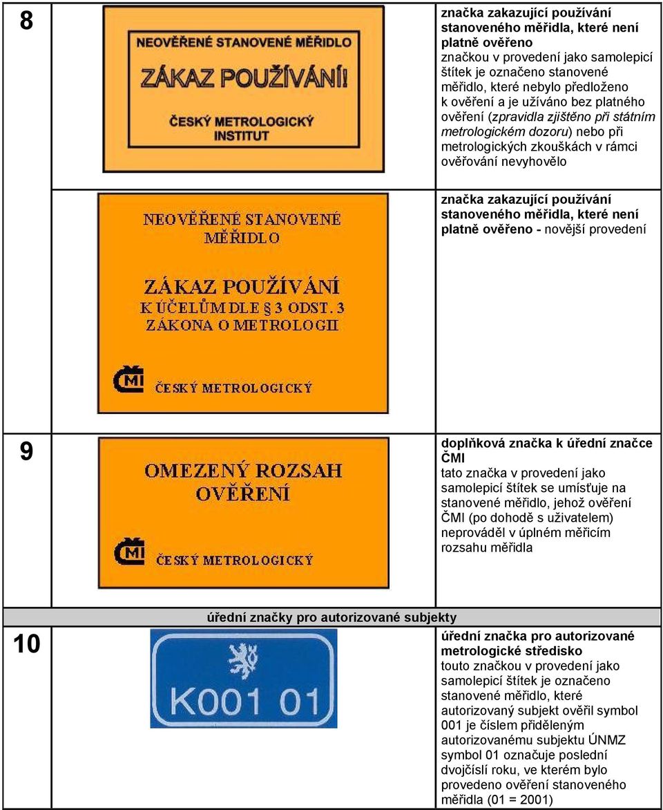 značce ČMI tato značka v provedení jako samolepicí štítek se umísťuje na stanovené měřidlo, jehož ověření ČMI (po dohodě s uživatelem) neprováděl v úplném měřicím rozsahu měřidla 10 úřední značky pro