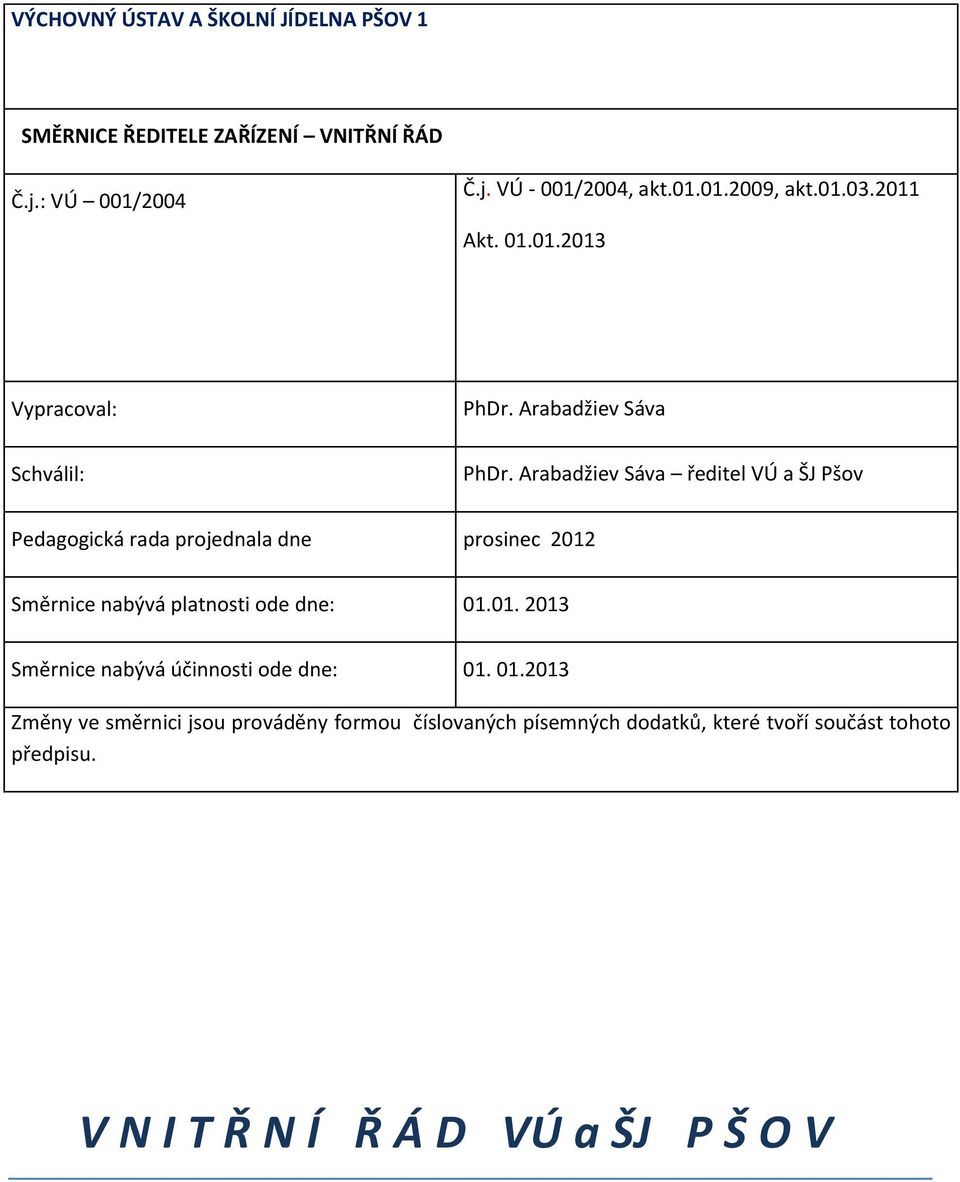 Arabadžiev Sáva ředitel VÚ a ŠJ Pšov Pedagogická rada projednala dne prosinec 2012 Směrnice nabývá platnosti ode dne: 01.01. 2013 Směrnice nabývá účinnosti ode dne: 01.