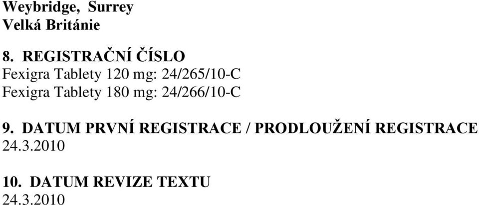 Fexigra Tablety 180 mg: 24/266/10-C 9.
