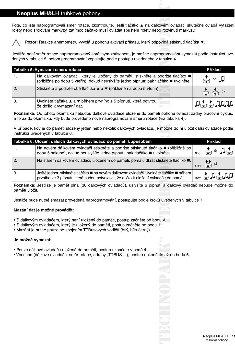 Jestliže není směr rotace naprogramovaný správným způsobem, je možné naprogramování vymazat podle instrukcí uvedených v tabulce 5; potom programování zopakujte podle postupu uvedeného v tabulce 4.