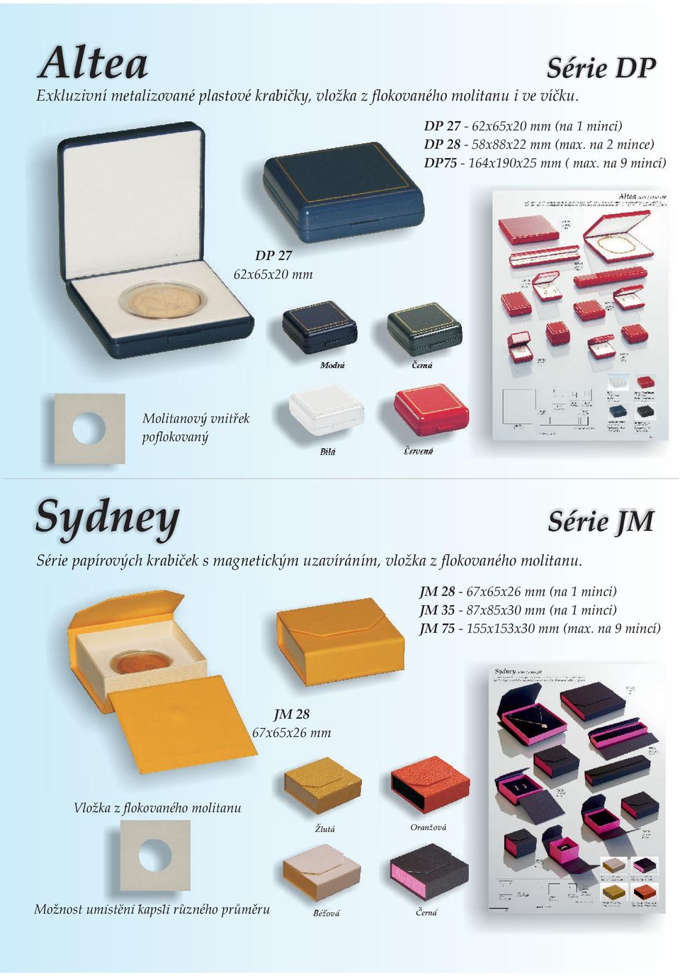 na 9 mincí) DP 27 62x65x20 mm Modrá Černá Molitanový vnitřek poflokovaný Bílá Červená Sydney Série JM Série papírových krabiček s magnetickým