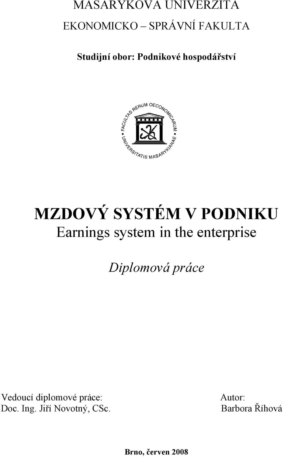 in the enterprise Diplomová práce Vedoucí diplomové práce: Doc.