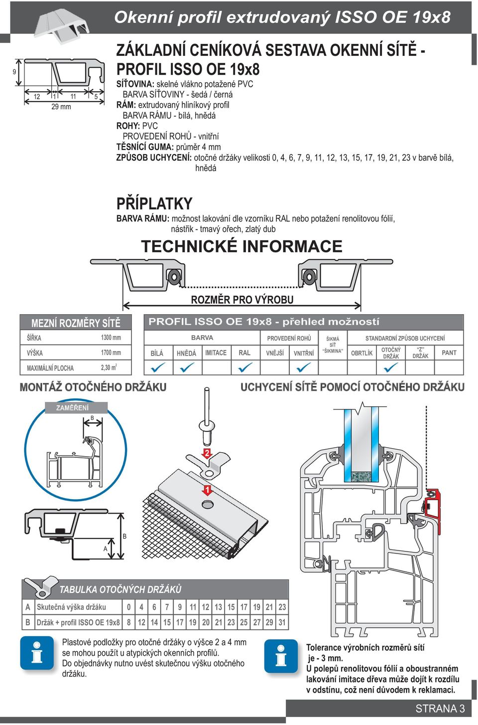 renolitovou fólií, nástøik - tmavý oøech, zlatý dub 1300 mm 1700 mm,30 m PROFIL ISSO OE 19x8 - pøehled možností MONTÁŽ OTOÈNÉHO U UCHYCENÍ SÍTÌ POMOCÍ OTOÈNÉHO U ZAMÌØENÍ B A B TABULKA CH Ù A