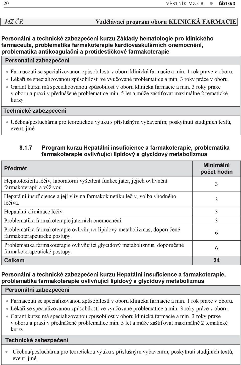 3 roky práce v oboru. Garant kurzu má specializovanou způsobilost v oboru klinická farmacie a min. 3 roky praxe v oboru a praxi v přednášené problematice min.