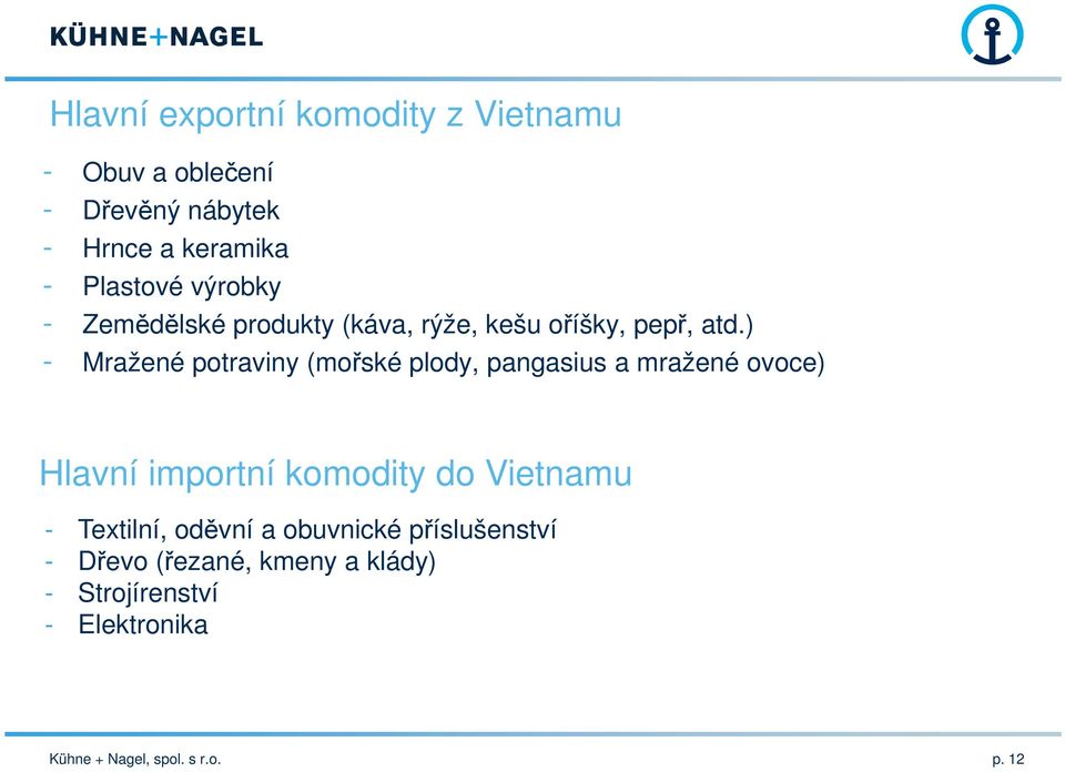 ) - Mražené potraviny (mořské plody, pangasius a mražené ovoce) Hlavní importní komodity do Vietnamu -