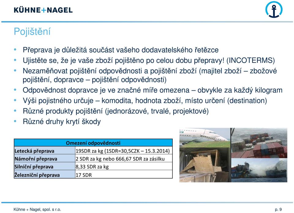 obvykle za každý kilogram Výši pojistného určuje komodita, hodnota zboží, místo určení (destination) Různé produkty pojištění (jednorázové, trvalé, projektové) Různé druhy krytí