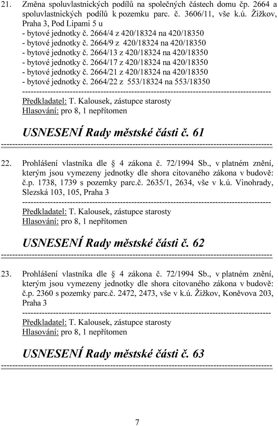 2664/17 z 420/18324 na 420/18350 - bytové jednotky č. 2664/21 z 420/18324 na 420/18350 - bytové jednotky č. 2664/22 z 553/18324 na 553/18350 USNESENÍ Rady městské části č. 61 22.