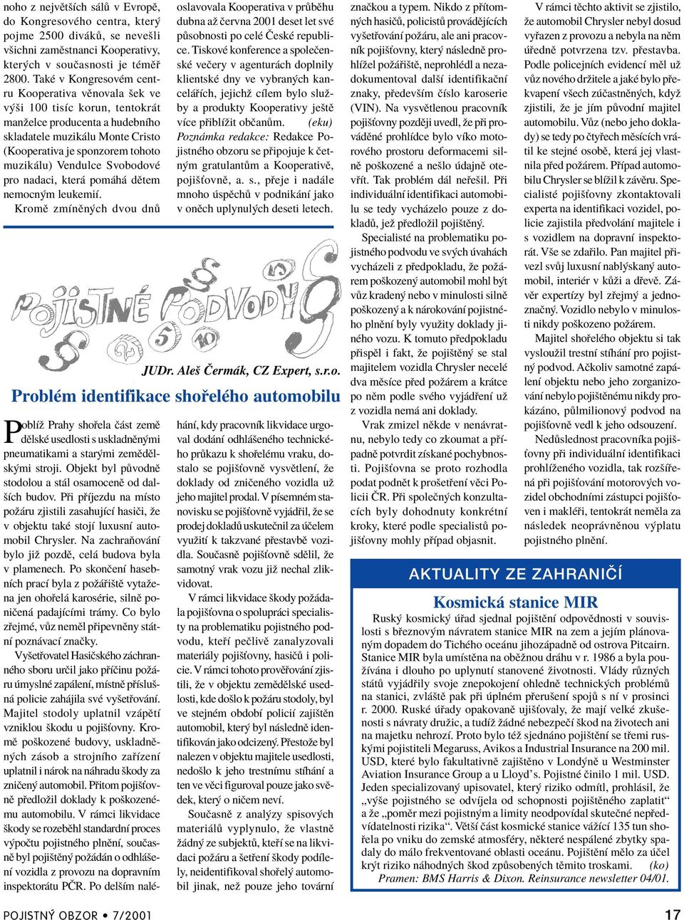 Vendulce SvobodovÈ pro nadaci, kter pom h dïtem nemocn m leukemiì. KromÏ zmìnïn ch dvou dn JUDr. Aleö»erm k, CZ Expert, s.r.o. ProblÈm identifikace sho elèho automobilu oslavovala Kooperativa v pr bïhu dubna aû Ëervna 2001 deset let svè p sobnosti po celè»eskè republice.