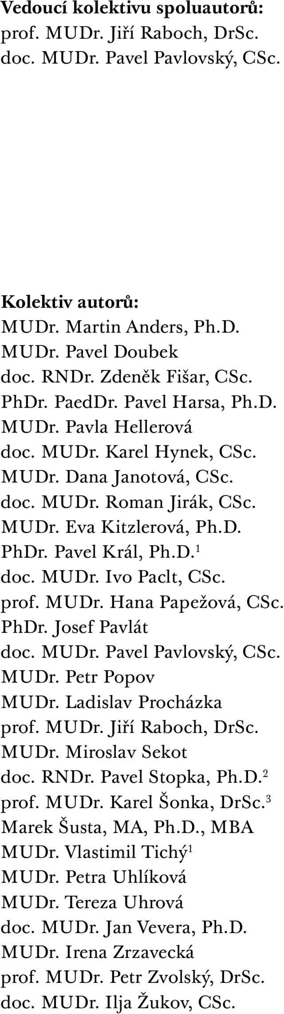 prof. MUDr. Hana Papežová, CSc. PhDr. Josef Pavlát doc. MUDr. Pavel Pavlovský, CSc. MUDr. Petr Popov MUDr. Ladislav Procházka prof. MUDr. Jiří Raboch, DrSc. MUDr. Miroslav Sekot doc. RNDr.