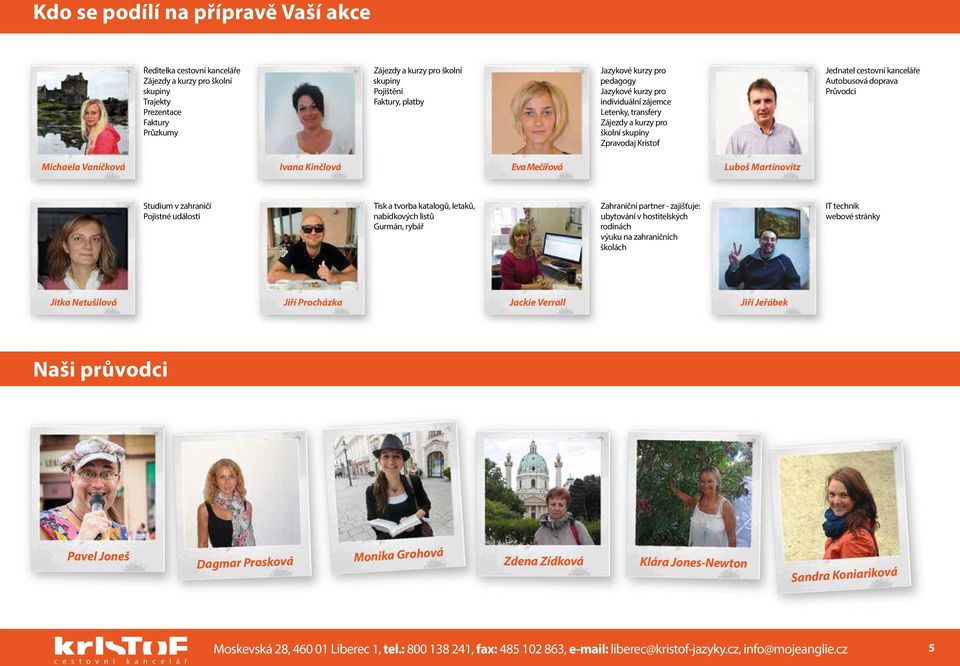 Michaela Vaníčková Ivana Kinčlová Eva Mečířová Luboš Martinovitz Studium v zahraničí Pojistné události Tisk a tvorba katalogů, letaků, nabídkových listů Gurmán, rybář Zahraniční partner - zajišťuje: