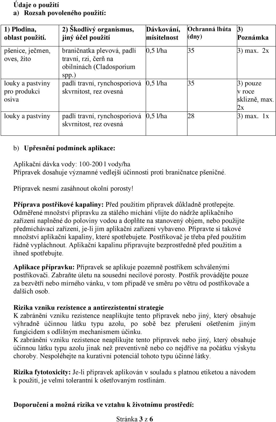 ) padlí travní, rynchosporiová skvrnitost, rez ovesná padlí travní, rynchosporiová skvrnitost, rez ovesná Dávkování, mísitelnost Ochranná lhůta (dny) 3) Poznámka 0,5 l/ha 35 3) max.