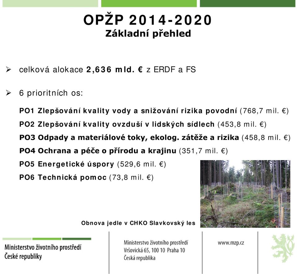 ) PO2 Zlepšování kvality ovzduší v lidských sídlech (453,8 mil. ) PO3 Odpady a materiálové toky, ekolog.