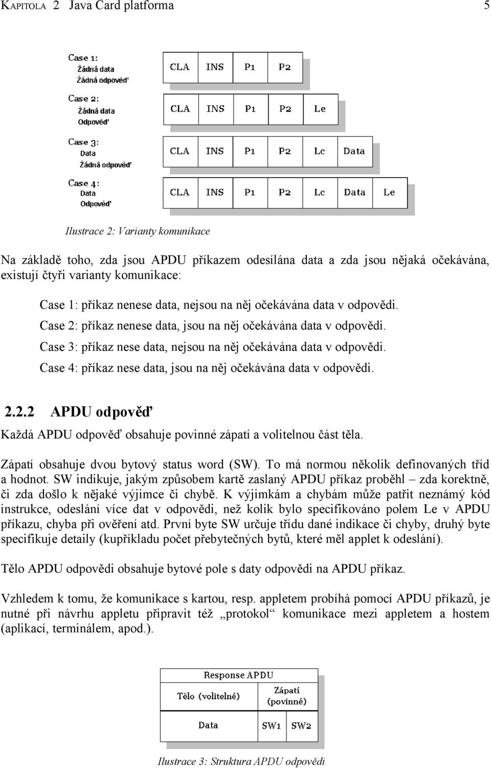 Case 4: příkaz nese data, jsou na něj očekávána data v odpovědi. 2.2.2 APDU odpověď Každá APDU odpověď obsahuje povinné zápatí a volitelnou část těla. Zápatí obsahuje dvou bytový status word (SW).