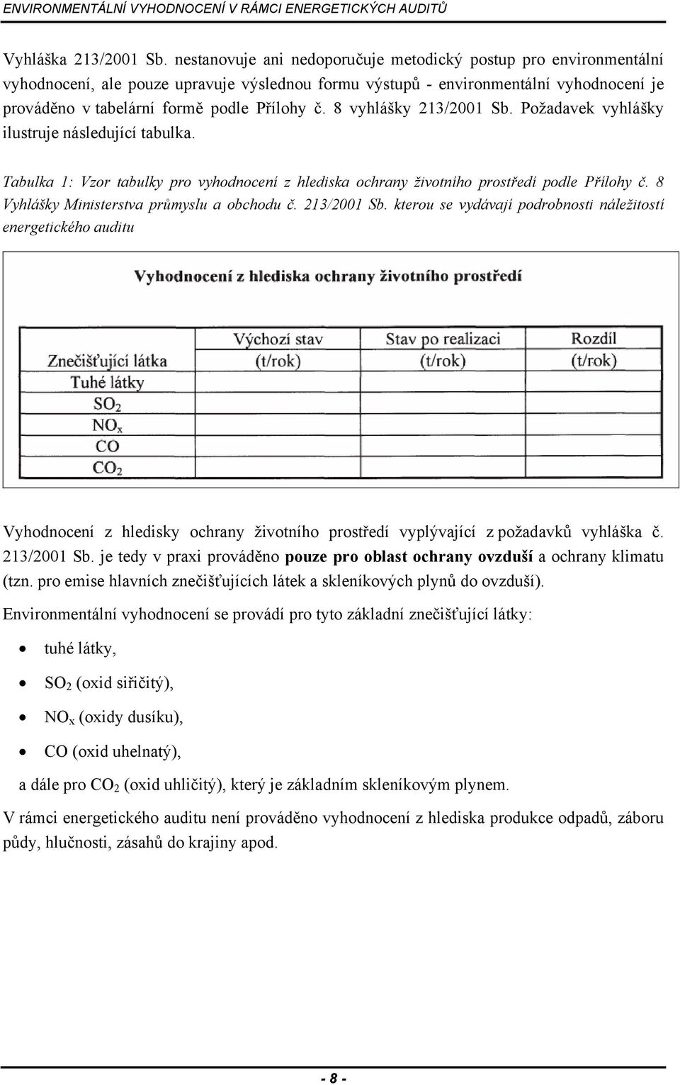 8 vyhlášky 213/2001 Sb. Požadavek vyhlášky ilustruje následující tabulka. Tabulka 1: Vzor tabulky pro vyhodnocení z hlediska ochrany životního prostředí podle Přílohy č.