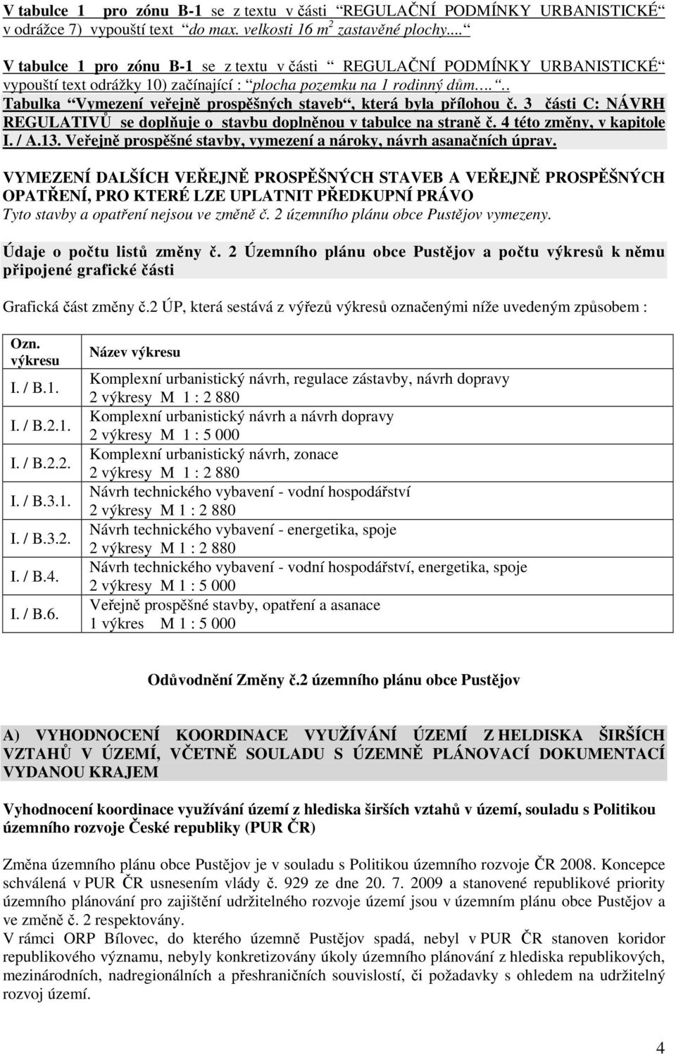 .. Tabulka Vymezení veřejně prospěšných staveb, která byla přílohou č. 3 části C: NÁVRH REGULATIVŮ se doplňuje o stavbu doplněnou v tabulce na straně č. 4 této změny, v kapitole I. / A.13.