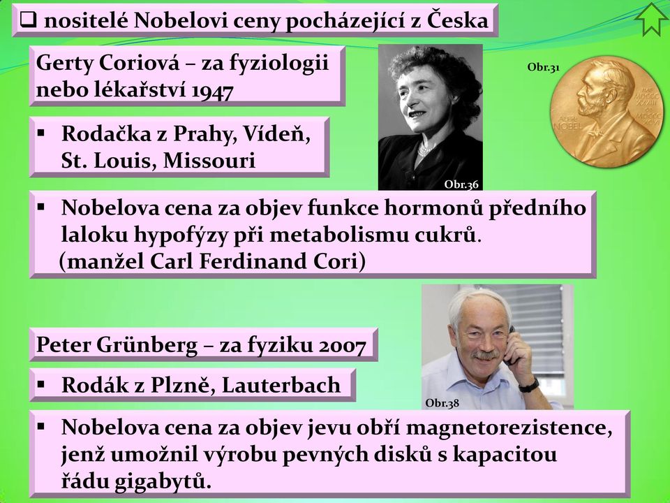 36 Nobelova cena za objev funkce hormonů předního laloku hypofýzy při metabolismu cukrů.