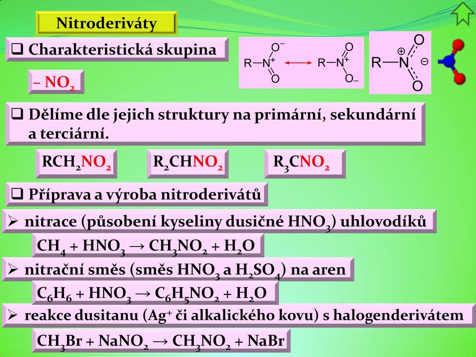 uhlovodíků CH 4 + HNO 3 CH 3 NO 2 + H 2 O nitrační směs (směs HNO 3 a H 2 SO 4 ) na aren C 6 H 6 + HNO 3 C 6