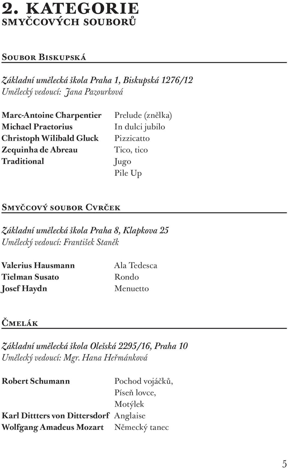 s kola Praha 8, Klapkova 25 Umělecký vedoucí: František Staněk Valerius Hausmann Tielman Susato Josef Haydn Ala Tedesca Rondo Menuetto Čmelák Základní umělecká s kola Oles ská