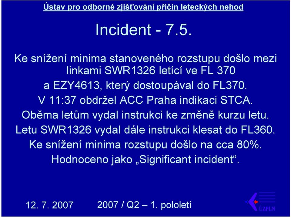 EZY4613, který dostoupával do FL37. V 11:37 obdržel ACC Praha indikaci STCA.