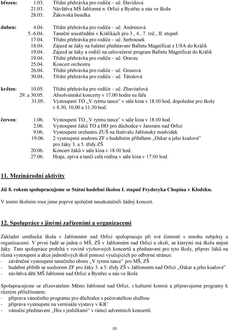 04. Zájezd se ţáky a rodiči na celovečerní program Balletu Magnificat do Králík 19.04. Třídní přehrávka pro rodiče uč. Oravec 25.04. Koncert orchestru 26.04. Třídní přehrávka pro rodiče uč. Grusová 30.