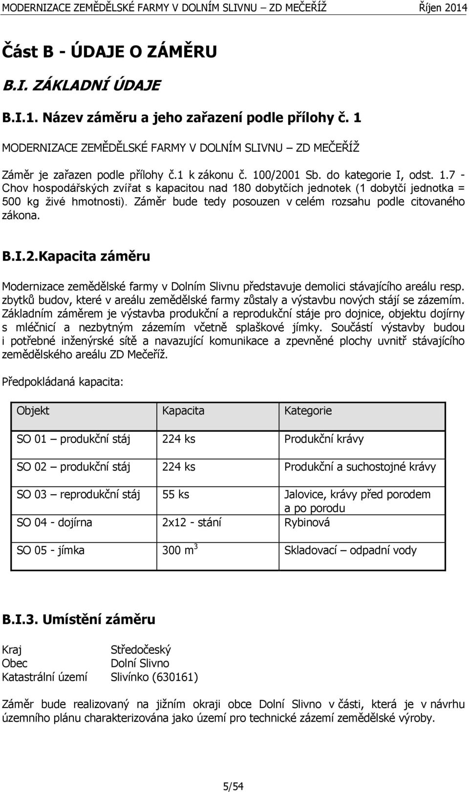 Záměr bude tedy posouzen v celém rozsahu podle citovaného zákona. B.I.2.Kapacita záměru Modernizace zemědělské farmy v Dolním Slivnu představuje demolici stávajícího areálu resp.