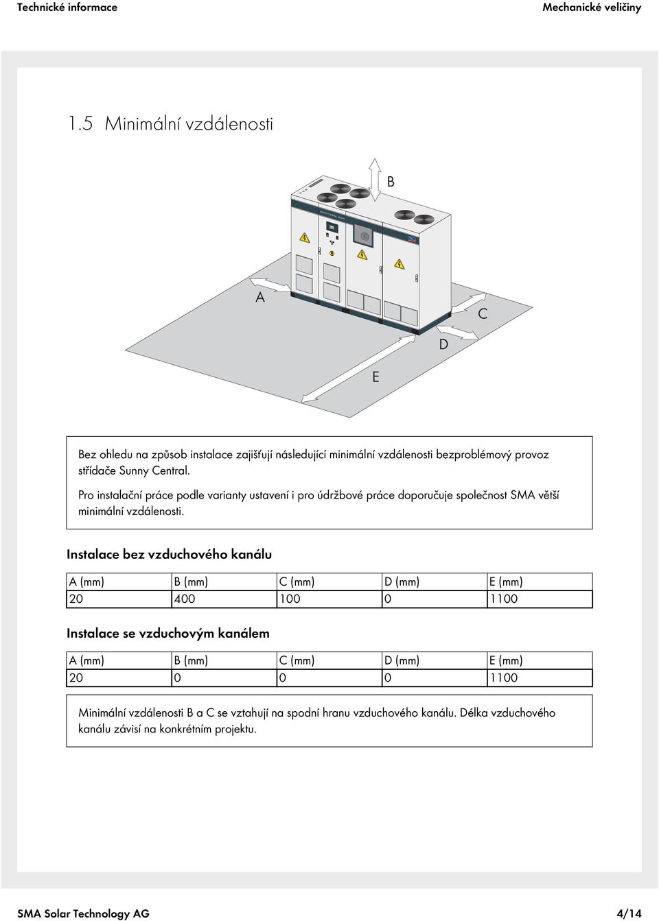 Central. Pro instalační práce podle varianty ustavení i pro údržbové práce doporučuje společnost SMA větší minimální vzdálenosti.