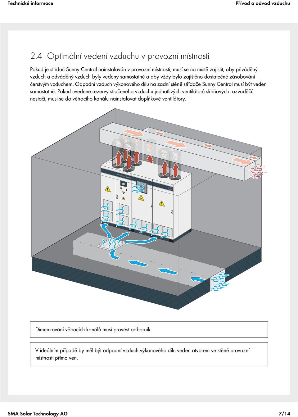samostatně a aby vždy bylo zajištěno dostatečné zásobování čerstvým vzduchem. Odpadní vzduch výkonového dílu na zadní stěně střídače Sunny Central musí být veden samostatně.