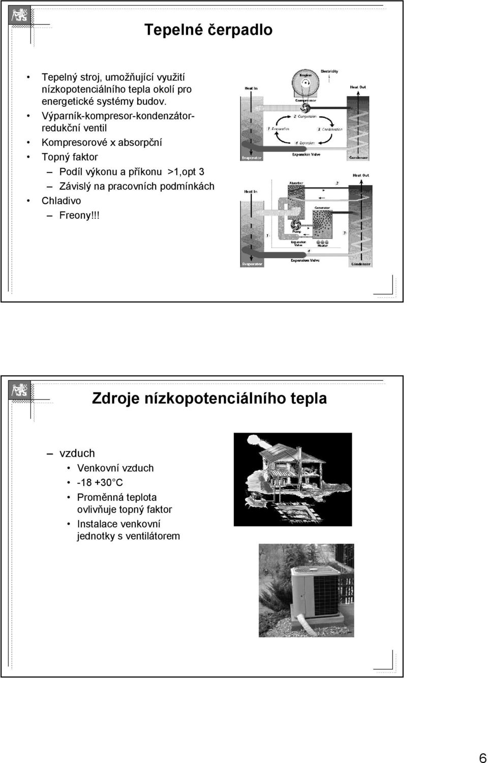 Výparník-kompresor kompresor-kondenzátor- redukční ventil Kompresorové x absorpční Topný faktor Podíl l výkonu a