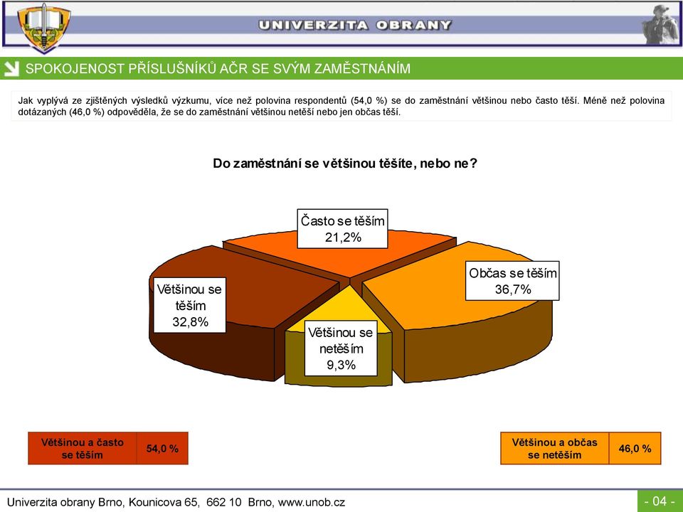 Méně neţ polovina dotázaných (46,0 %) odpověděla, ţe se do zaměstnání většinou netěší nebo jen občas těší.