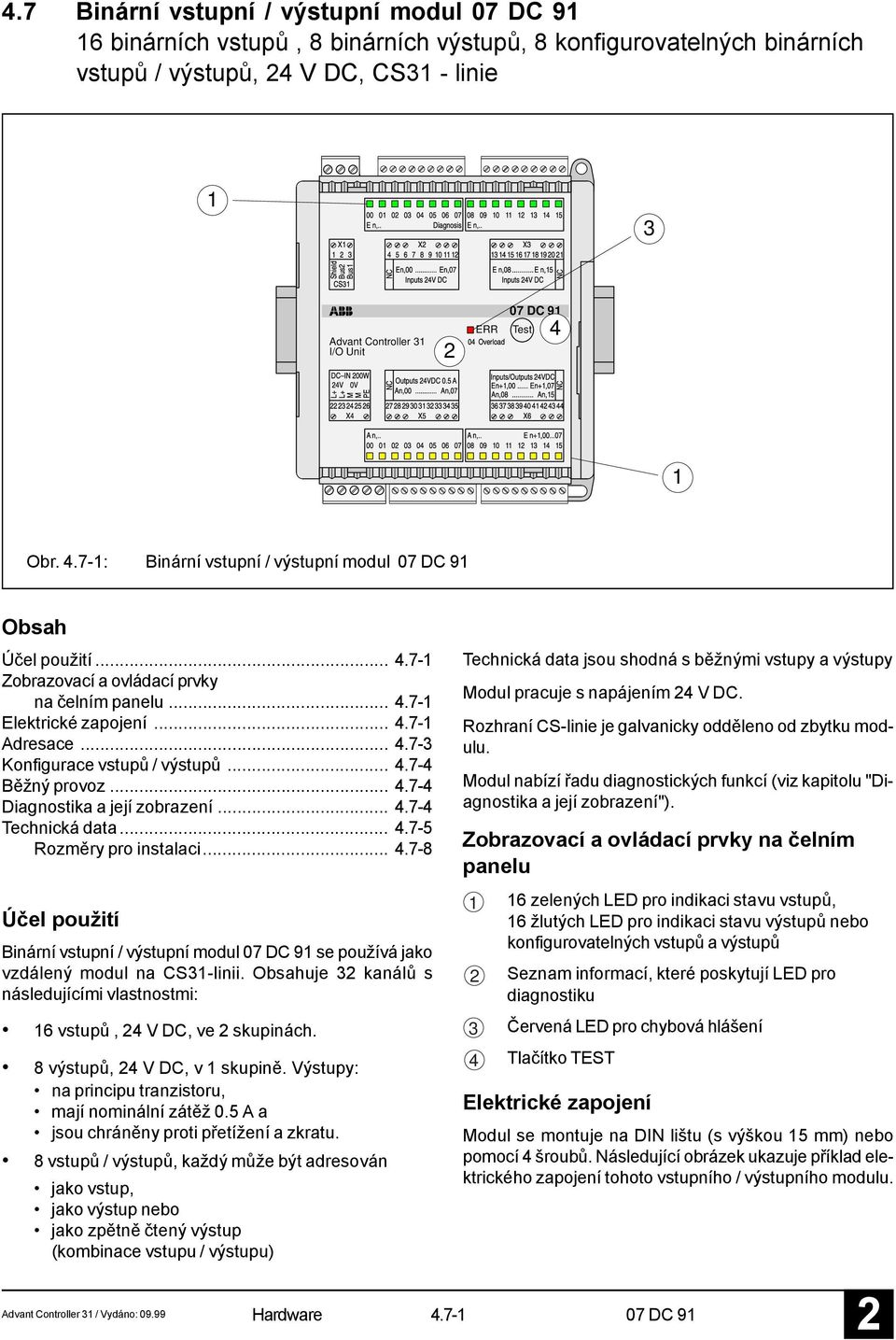 .. 4.7-4 Běžný provoz... 4.7-4 Diagnostika a její zobrazení... 4.7-4 Technická data... 4.7-5 Rozměry pro instalaci... 4.7-8 Účel použití Binární vstupní / výstupní modul se používá jako vzdálený modul na CS31-linii.