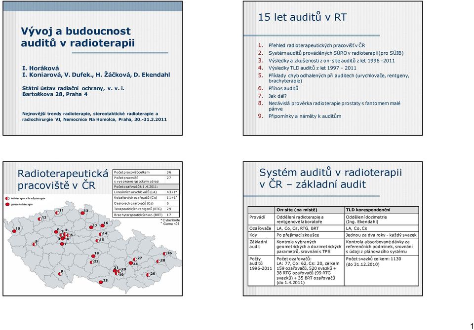 Přehled radioterapeutických pracovišť v ČR 2. Systém auditů prováděných SÚRO v radioterapii (pro SÚJB) 3. Výsledky a zkušenosti z on-site auditů z let 1996-2011 4.
