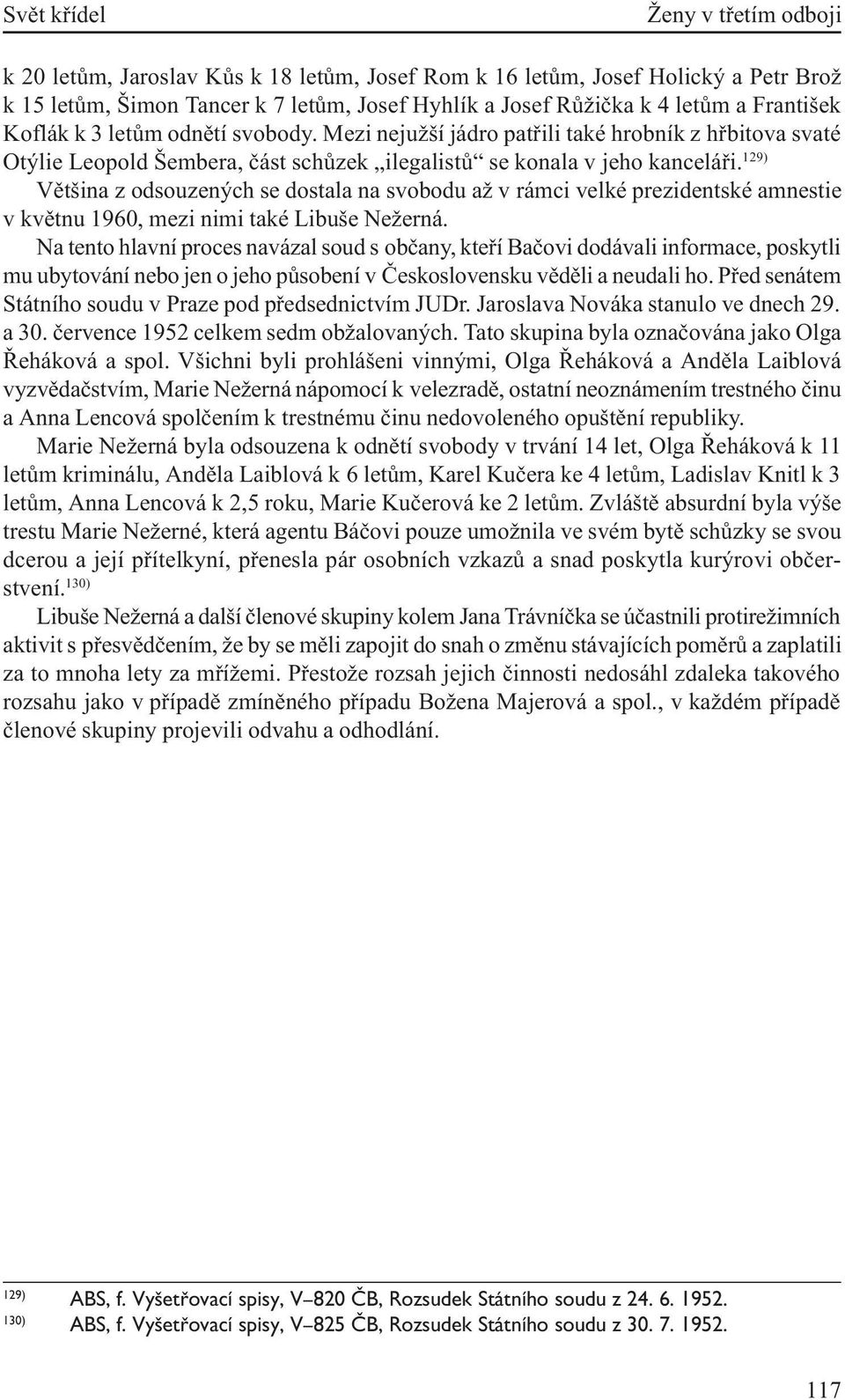 129) Vìtšina z odsouzených se dostala na svobodu až v rámci velké prezidentské amnestie v kvìtnu 1960, mezi nimi také Libuše Nežerná.