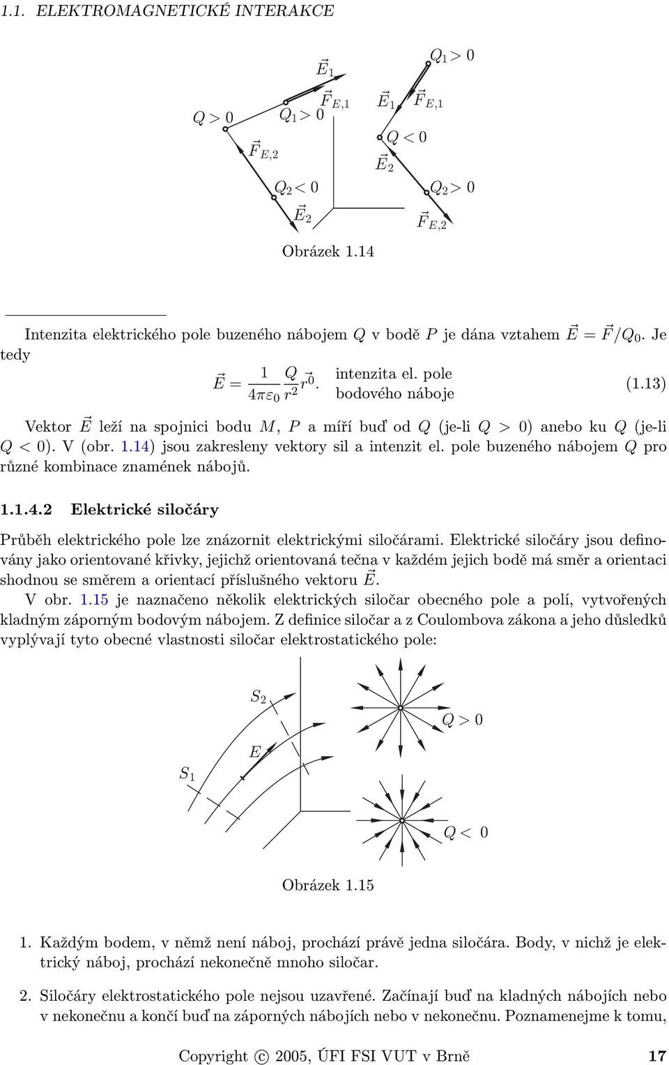 13) bodového náboje Vektor E leží na spojnici bodu M, P a míří buď od Q (je-li Q > 0) anebo ku Q (je-li Q < 0). V (obr. 1.14) jsou zakresleny vektory sil a intenzit el.