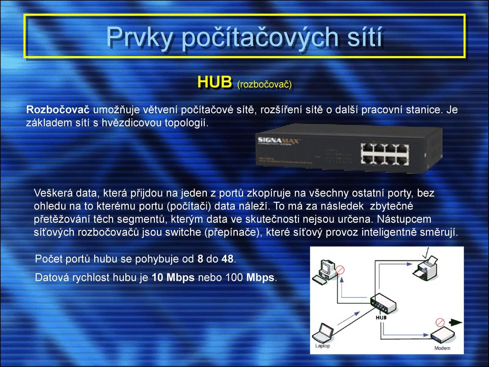 Veškerá data, která přijdou na jeden z portů zkopíruje na všechny ostatní porty, bez ohledu na to kterému portu (počítači) data náleží.