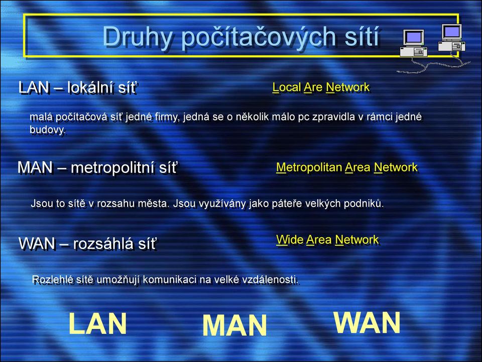 MAN metropolitní síť Metropolitan Area Network Jsou to sítě v rozsahu města.