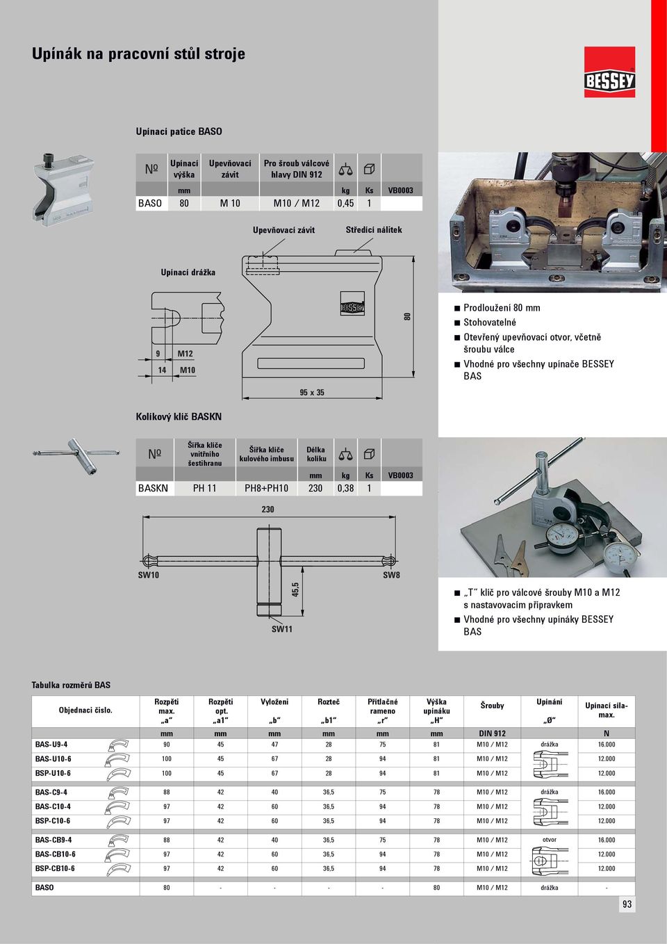 imbusu Délka kolíku mm kg Ks VB0003 BASKN PH 11 PH8+PH10 230 0,38 1 230 SW10 SW8 SW11 45,5 T klíč pro válcové šrouby M10 a M12 s nastavovacím přípravkem Vhodné pro všechny upínáky BESSEY BAS Tabulka
