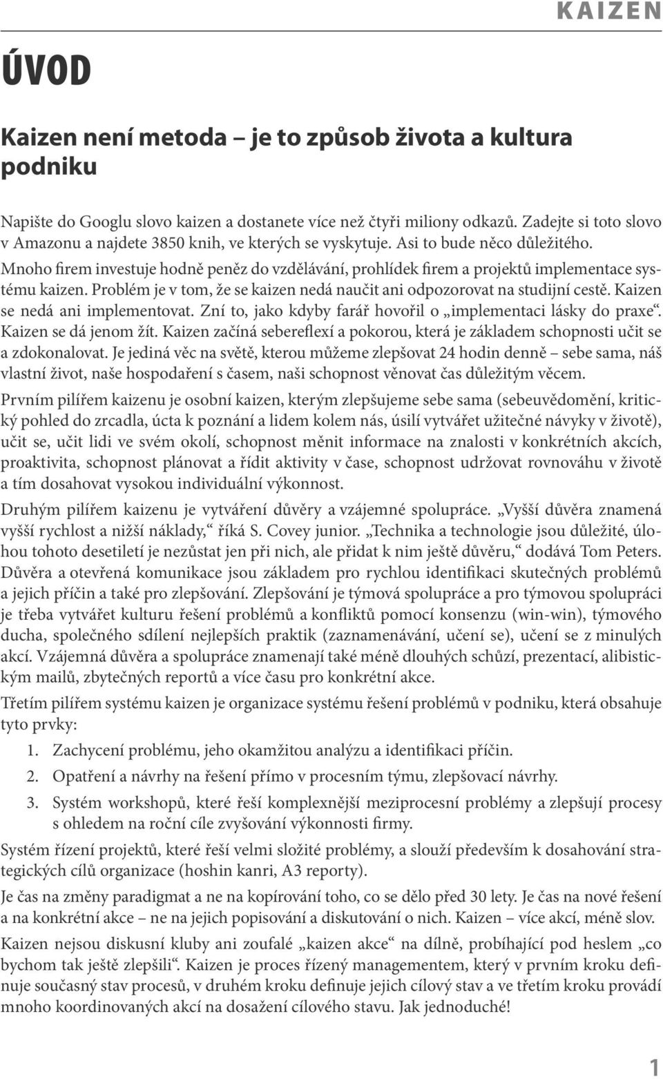 Mnoho firem investuje hodně peněz do vzdělávání, prohlídek firem a projektů implementace systému kaizen. Problém je v tom, že se kaizen nedá naučit ani odpozorovat na studijní cestě.