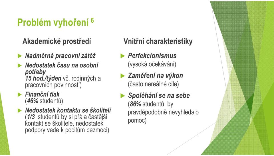 přála častější kontakt se školitele, nedostatek podpory vede k pocitům bezmoci) Vnitřní charakteristiky Perfekcionismus